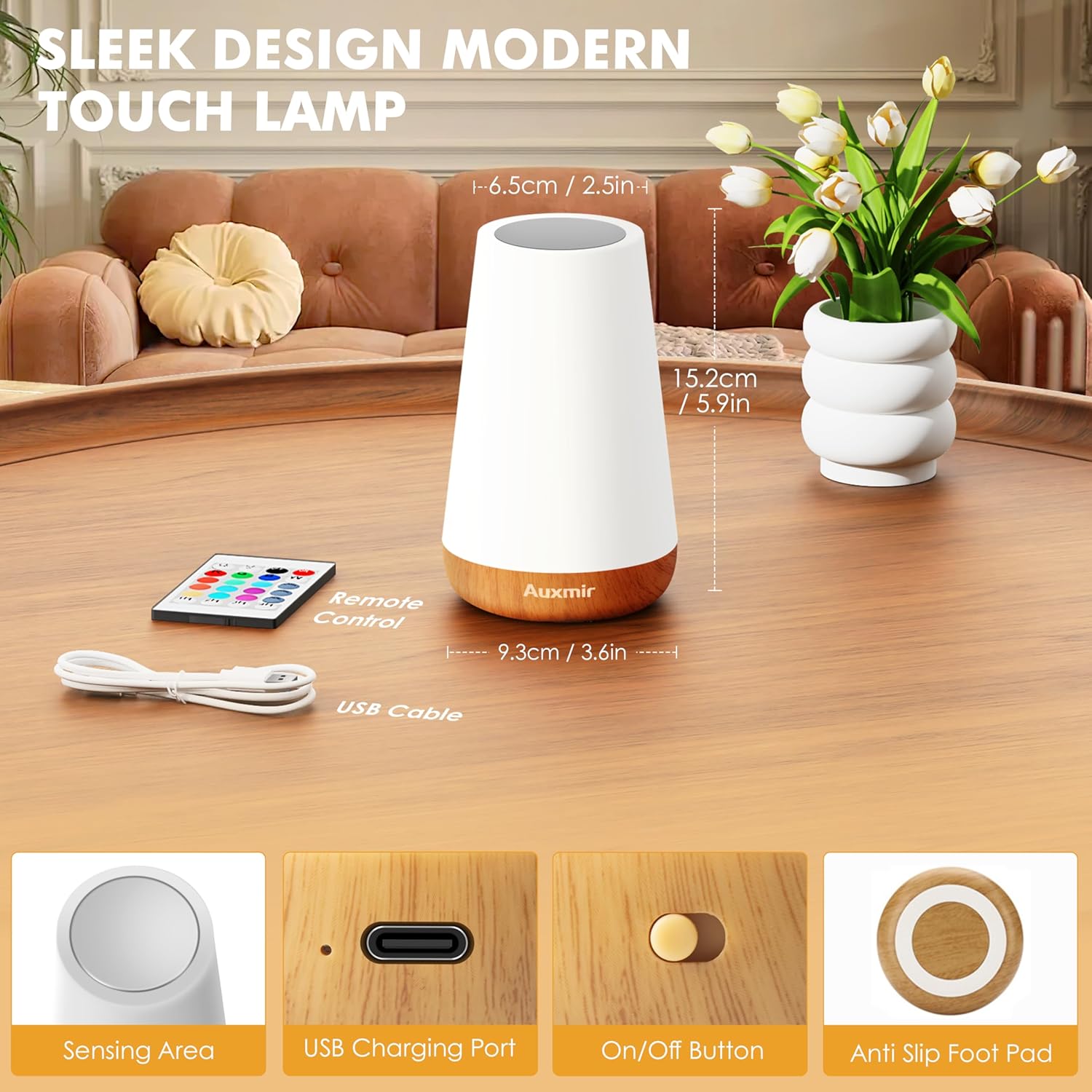 Product size and box contents for the LED Desk Mood Lamp