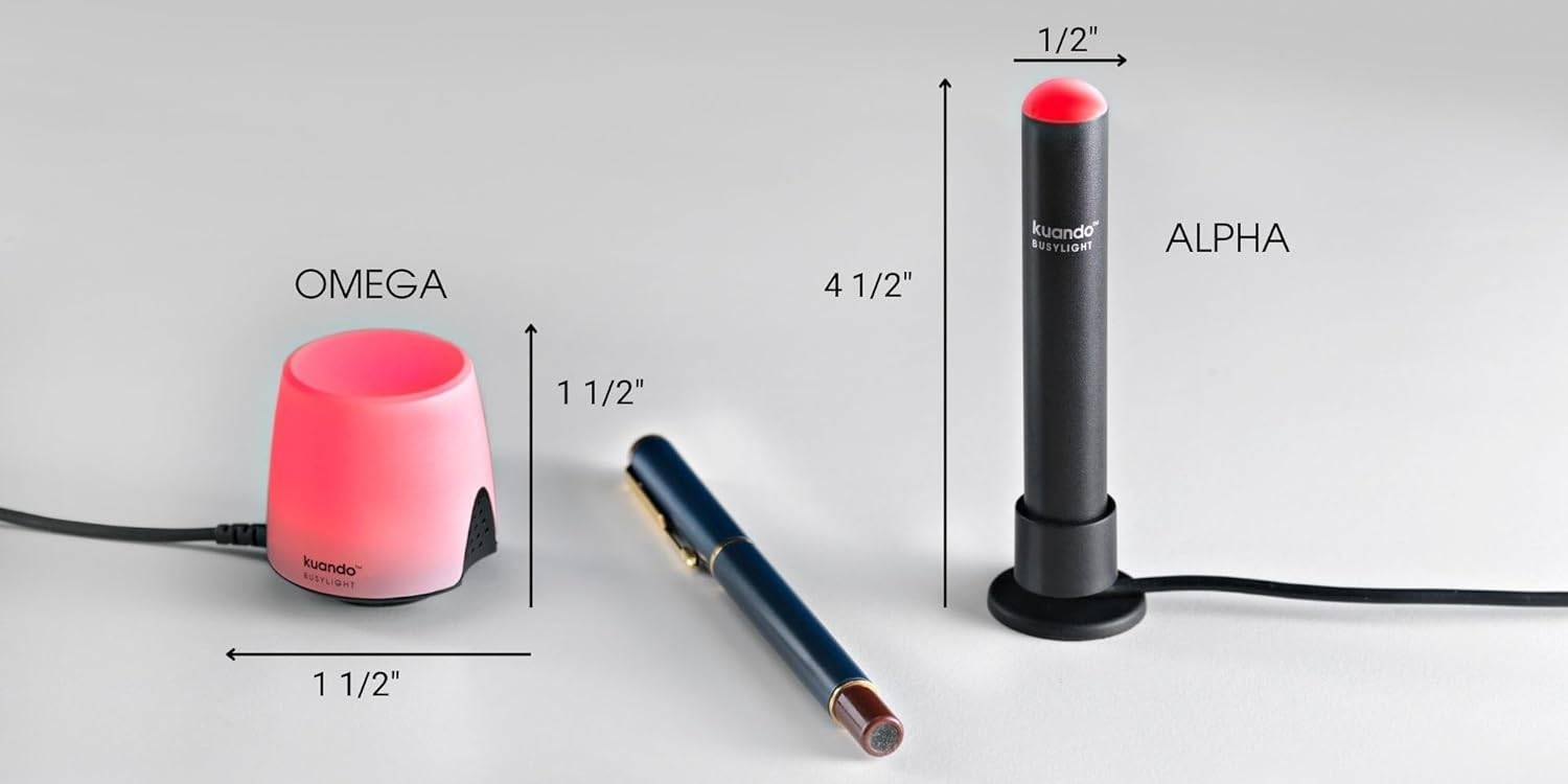 Kuando Busylight UC Omega size comparison with pen and Alpha model