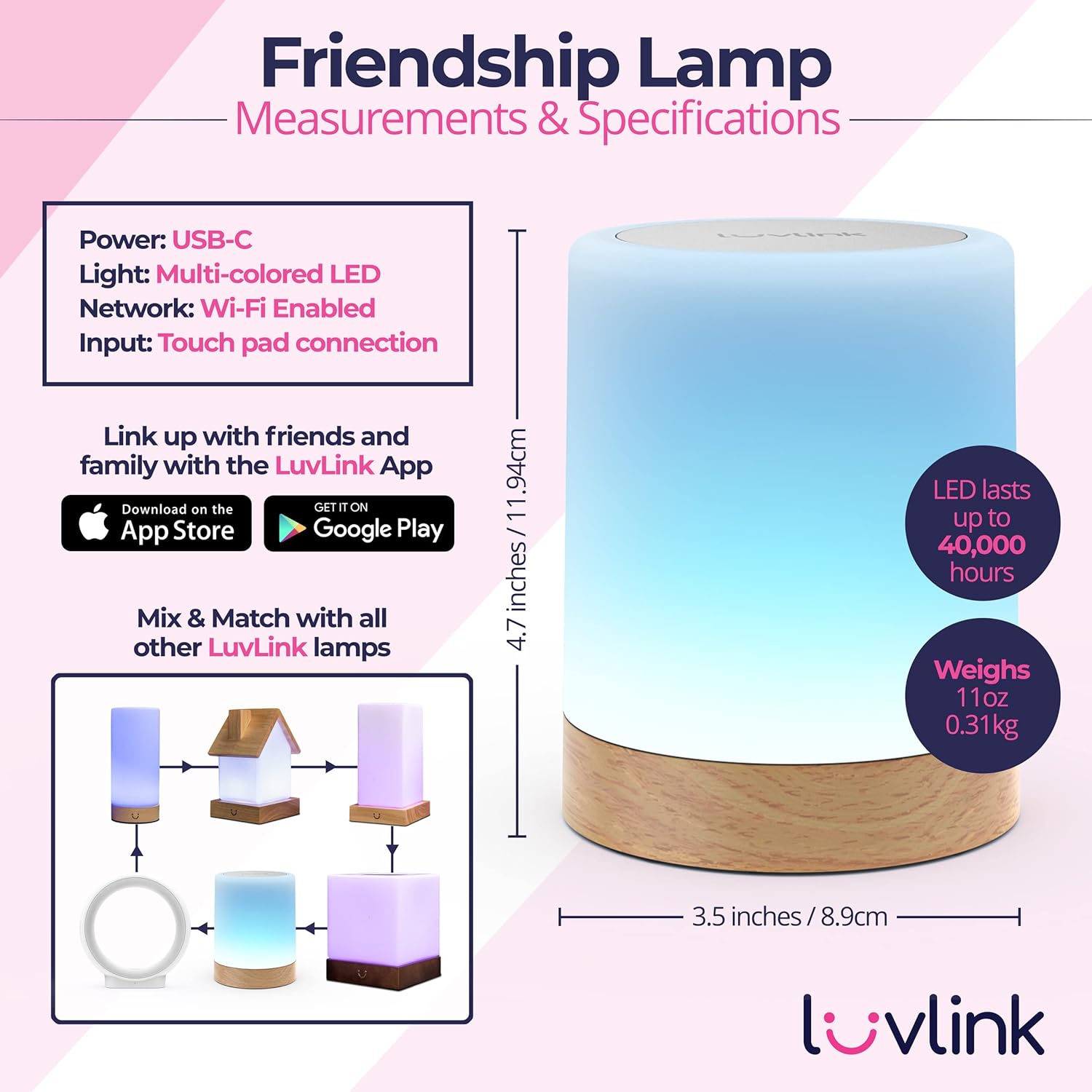 Product size and box contents for the Friendship Lamp